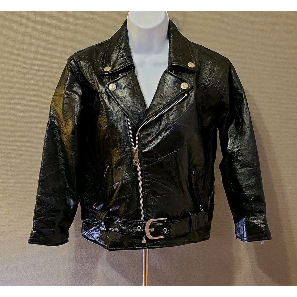 Diamond Plate Genuine Leather Black Patchwork Biker Moto Full Zip Jacket Size 14